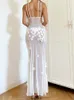 Casual Dresses Women 3D Flower Trim Sheer Mesh Long Dress 2023 Summer Sleeveless V Neck High Split See Through Beach Club Sexy