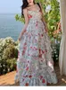 Casual Dresses Summer Floral Dress French Printed Beach Long Ladies Slim Chiffon Ruffles Layer Robe Vestidos