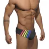 Herrbadkläder Europe America Fashion Mens Sexig låg midja Mayo Rainbow Striped Bathing Summer Sport Beach Surfing Pad Swim Briefs 230630