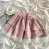 Zweiteiliges Kleid Süßes Lolita-Rock-Set für Damen, elegant, Frankreich-Schleife, quadratischer Kragen, Puffärmel, Bluse, Crop-Tops, rosa Rüschen, Minirock, weiblicher Anzug 230629