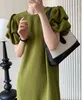 Luxury French Premium Bubble Sleeves Green Straight Dress Summer Women's Mid length Loose fitting Long Dress 9325