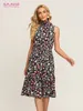 アーバンセクシードレスs.flovor women high Collar leaveless Summer Dress Bohemian Flower Print A-Line Sundress Memach Chic Midi Vestidos服230625