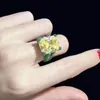 With Side Stones KQDANCE Cushion Cut Created Big Yellow Citrine Diamond Rings for Women With Green Zircon Stone Black Gold plated Jewelry 230629