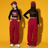 Scene Wear Fashion Kpop Kids Hip Hop Clothing Jazz Dance Costume Street Performance Outfit Girls Tops Cargo Pants Red BL10181