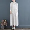 Casual Dresses 2023 Vintage Women Dress Cotton Linen Long Sleeve Solid Color V-neck Ankle Length Female Robe Spring Autumn Clothes
