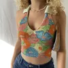 Regata feminina Ekaliy Sexy sem costas com estampa de flores Regata sem mangas decote em V Plissado Crop Top Y2K Streetwear Verão fino roupas femininas