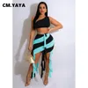 Tweedelige jurk CM.YAYA Mode strand damesset met kwastje, gestreepte midi-rok en crop-top met één schouder, sexy feestoutfit Twee 2-delige set 230629