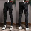 Painted Damage Jeans Man Distressed Patches Skinny Fit Zwart Vintage Biker Fit Denim261w