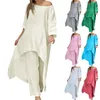 Casual Dresses Frauen Baumwolle Leinen Trainingsanzug Zweiteilige Sets Frühling Lose Bluse Unregelmäßige Lange Hemden Breites Bein Hosenanzug Elegante Outfits