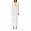 Lässige Kleider Damen Maxi-Cover-Up-Kleid, langärmelig, gestrickt, tief ausgeschnitten, rückenfrei, sexy, durchsichtig, durchsichtig, Strand, Blumenmuster, Weiß