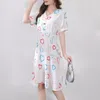 Party Dresses Women's Summer Korean High End Style V-neck Short Sleeve Button Print Pleated Love Fashion Big Swing Holiday Dress