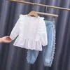 Jackets Children s Denim Trench Jean Embroidery Girls Kids clothing baby Lace coat Casual outerwear Spring Autumn 230630