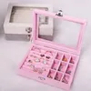 Jewelry Pouches Velvet Pink Carrying Case With Glass Cover Ring Display Box Tray Holder Storage Organizer Earrings Bracelet