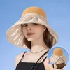 Luxuriöser Sommer-Eimerhut für Damen, atmungsaktives Mesh, gespleißt, 12 cm große Krempe, Sonnenhut, Bonbonfarben, elegante Damen, lässig, mit Schleife