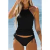 Kvinnors badkläder Kvinnors baddräkt Solid Color DrawString Side Halter Neck Tankini Set Black Bikinis Set Two Piece Suit Swimwears Beachwear