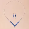 Halsband örhängen set elegant blå strass kristall bröllop brud smycken för kvinnor silver pläterad v form choker setearrings örhängen