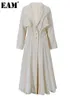 Grundläggande casual klänningar EAM Women Beige Pleated Linen Long Elegant Dress Lapel Neck Sleeve Loose Fashion Spring Autumn 2023 3W6617 230629