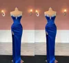 Sexy Royal Blue Plus Size Gaine Robes De Bal Pour Les Femmes Noires Plis Perlé Drapé Haut Côté Split Tenue De Cérémonie Anniversaire Pageant Deuxième Réception Robes De Fête