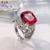 Bagues en grappe Bague en argent sterling 925 12 12MM Coussin Cut Simulation à haute teneur en carbone Ruby Luxury Female