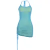 Casual Jurken Zomer Blauw Groen Trekkoord Vrouwen Feestjurk Riem Mouwloos Halter Bodycon Club Mode Skinny 2023 Sexy Mini Outfit