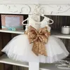 Robes De Fille Princesse Enfants Bébé Fille Belle Noeud De Noeud Paillettes Robe Dentelle Sheer Sans Manches Mini Festival Party Voile Mignon 230630