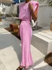 Duas peças vestido Bclout elegante saia rosa conjuntos 2 peças mulheres roupas primavera o-pescoço sem mangas colheita tops preto cintura elástica saias longas ternos 230629