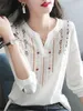 Kadın Bluzlar Gömlek İlkbahar Sonbahar Beyaz Üstler Bayan Casual Nakış V Yaka Uzun Kollu Vintage Gevşek Blusas Üst DF4272 230629