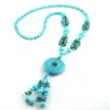 Pendant Necklaces Fashion Bohemian Tribal Artisan Jewelry Blue Stones Round Circle Rectangle Moon Charm Bead Tassel Necklace 6 Design