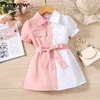 Flickor klänningar Prowow 2 6y barn S Girls Pink White Patchwork Polo Shirt Dress for Bluses With Belt Summer Kids Clothes 230630