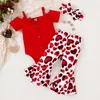 Clothing Sets Valentine s Day Baby Girls Clothes Set Solid Color Bow Sling Off Shoulder Romper Heart Print Flare Pants Headband 3Pcs 230630