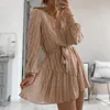 Casual Jurken Sexy V-hals Voor Vrouwen Party Lange Lantaarn Mouw Lace Up Bownot Bloemen Oosterse Stijl Skirl Lente Zomer 2023 Jurk