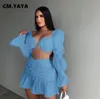 Vestido de dos piezas CM.YAYA Conjunto de dos piezas para mujer Conjuntos elegantes Tops cortos con mangas de linterna y minifaldas de sirena con volantes Conjunto a juego Otoño 230629