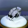 Cluster Rings Fashion Classic Double Ring White Zircon Six-Claw 925 Sterling Silver For Ladies Party Reception Wedding Jewelry Gift