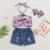 Zestawy odzieży 0 4y Baby Girls Summer Ubrania Dzieci Geometryczne nadruk bez rękawów Topy Kantarowe Szorki dżinsowe opaski na głowę Toddler Stroje 230630