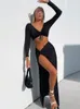 Two Piece Dress Summer Sexy Split Maxi Skirt Suit V Neck Long Sleeve Backless Crop Top Ladies Fashion Sets 230630