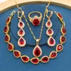 Collar Pendientes Conjunto Gota de agua Rojo Semiprecioso Chapado en oro para mujer Anillo largo Pulsera Caja de regalo Stre22