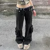 Kadın Kot Kalevest Y2K Kargo Pantolon Siyah Vintage Kadınlar Gelmesi Alçak Gotik Rave Kıyafetler Cepler Pantalones Kadın Için
