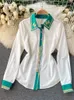 Duas peças vestido primavera moda pista midi saia define mulheres manga longa contraste cor verde camisa branca e saias plissadas terno de duas peças 230629