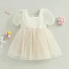 Mädchen Kleider 3-7Y Mädchen Süßes Kleid Kinder Sommer Kleidung Baby Kurze Puffärmel Dot Tüll Layered A-linie Kinder Party Prinzessin