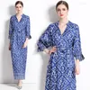 Robes Décontractées Mode D'été Lâche Bleu Maxi Robe Femmes Piste Col En V Conception Vintage Lettre Imprimer Taille Haute À Lacets Robes De Vacances