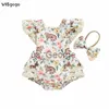 Ensembles de vêtements VISgogo bébé fille 2 pièces tenue de Pâques manches volantées col carré à volants lapin imprimé cerf barboteuse avec arc bandeau ensemble de vêtements d'été J230630