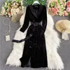 Trench femme manteau femme robe d'hiver Vintage col cranté Wrap noir velours Maxi coupe-vent chaud long survêtement femme