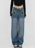 Jeans Feminino Cintura Alta Padrão de Estrela Bordado Calças de Perna Larga Folgas Streetwear Design Chique Senhoras Vintage Straight Jean Pant