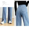 Damen-Jeans, vorne geschlitzt, Damen, geteilt, gerades Bein, Frühling, Baumwolle, weites Bein, hohe Taille, locker drapiert, lang, Sinn für Design