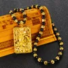 Hänghalsband buddhism välsignelse drake hand snidad för kvinnor män obsidian pärlor riktiga 24k guld dominerande choker smycken 230630