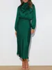 Basic Casual Dresses Green Silk Satin for Women Elegant 2023 Autumn Office Wear Slim Long Sleeve Dress Maxi Birthday Party Vestidos 230629