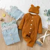 Tulumlar Erkek Bebek Romper Uzun Kollu Örme Nervürlü Giysiler Kız Tulum Düz Renk Toddler Tulum Şapka Bebek Giyim Setleri