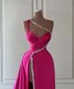 Sexy Fuschia Plus Size A Line Prom Dresses Long for Women One Shoulder Sequined Satin Front Split Birthday Pageant Celebrity Evening Party Gowns Formal Occasions