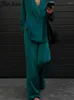 Women's Two Piece Pants Satin Causal Green Sets Women Long Sleeve Blazer Loose Top Wide Leg Office Lady Outfits Elegant Female Suits