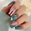 False Nails Summer Dressy Fresh Frosted Olive Green Flower Black Line Leaf Full Cover Finished Fake Art Nail Glue Easy To Wear Holiday